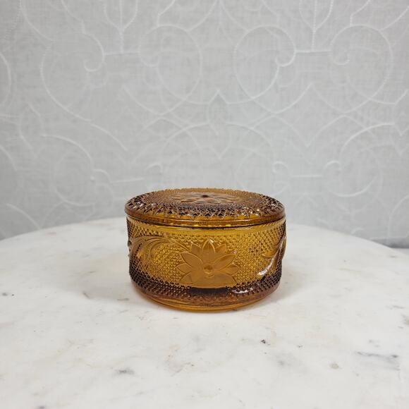 Vintage Amber Tiara Indiana Glass Dish 4" Round Trinket Dish with Lid - Picture 1 of 15